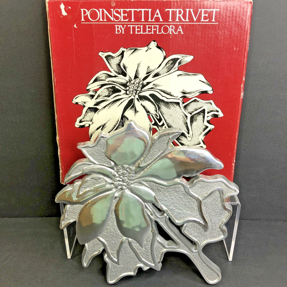 Vintage Poinsettia Trivet By Teleflora 1984 Eyelet For Wall Decor Solid Metal TW